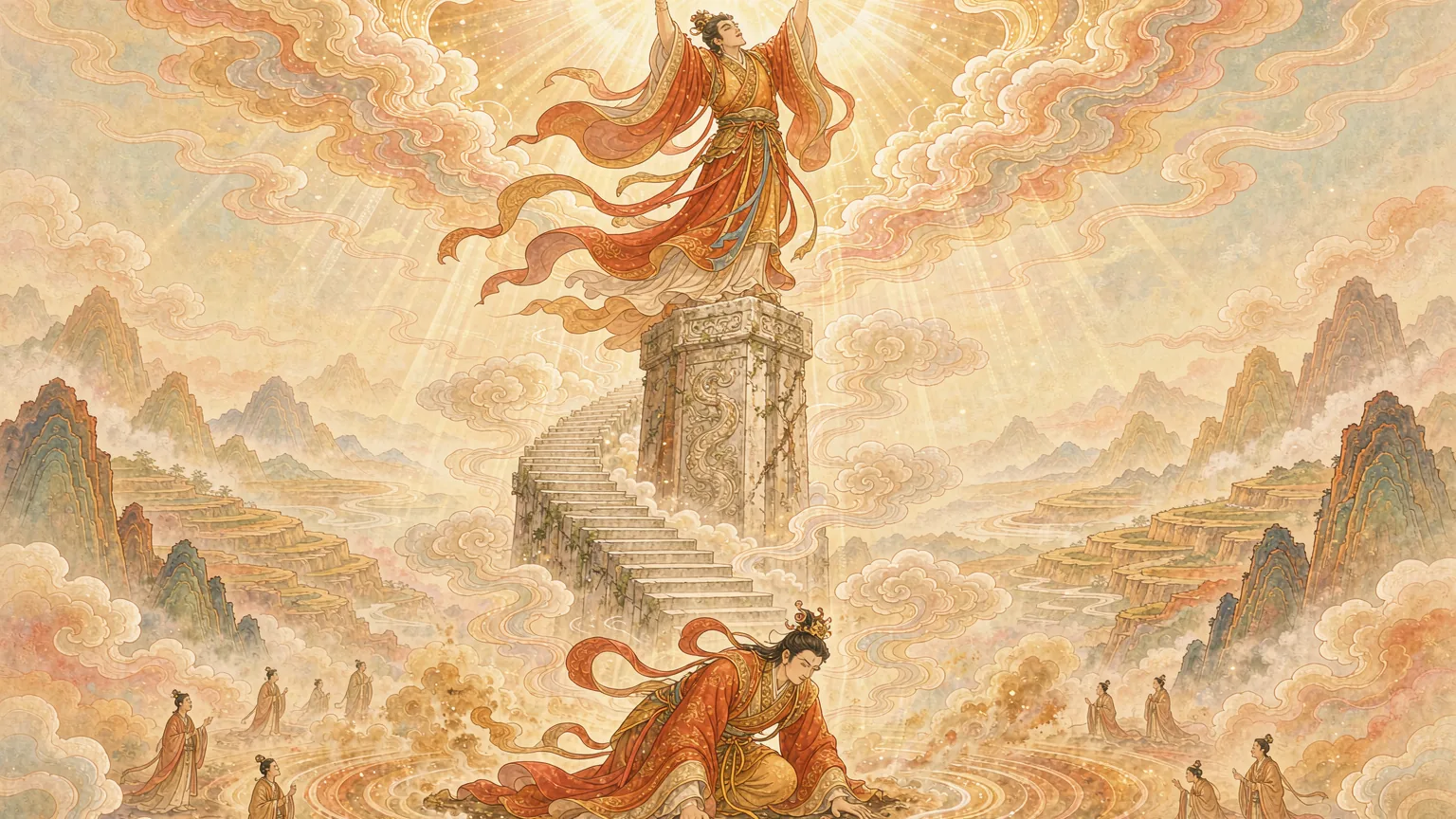 A god lifting the sky above a stone pillar while another god presses the earth down - Chinese mythology illustration