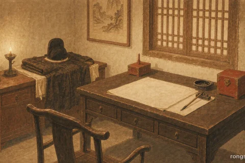 Illustration for a Chinese true crime story: a blank sheet of complaint paper, a brush and inkstone and a red warrant box on a Qing magistrate desk in warm lamplight, with a folded official robe and black cap on a chest beside it