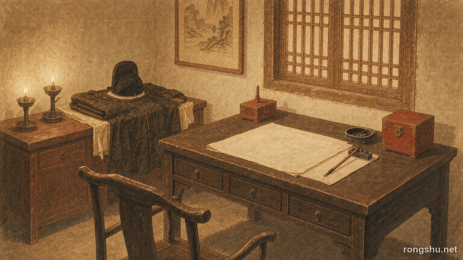 A Qing magistrate desk with blank complaint paper, brush, inkstone and a red tally box in warm lamplight - Chinese true crime illustration