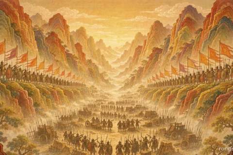 Illustration for a Chinese history story: a deep valley at dawn in the Taihang mountains, seen from above, with long ranks of crossbowmen and tall banners on the slopes of both sides and a large besieged army waiting among low earth ramparts, carts and stacked spears in the valley below, all under warm golden light