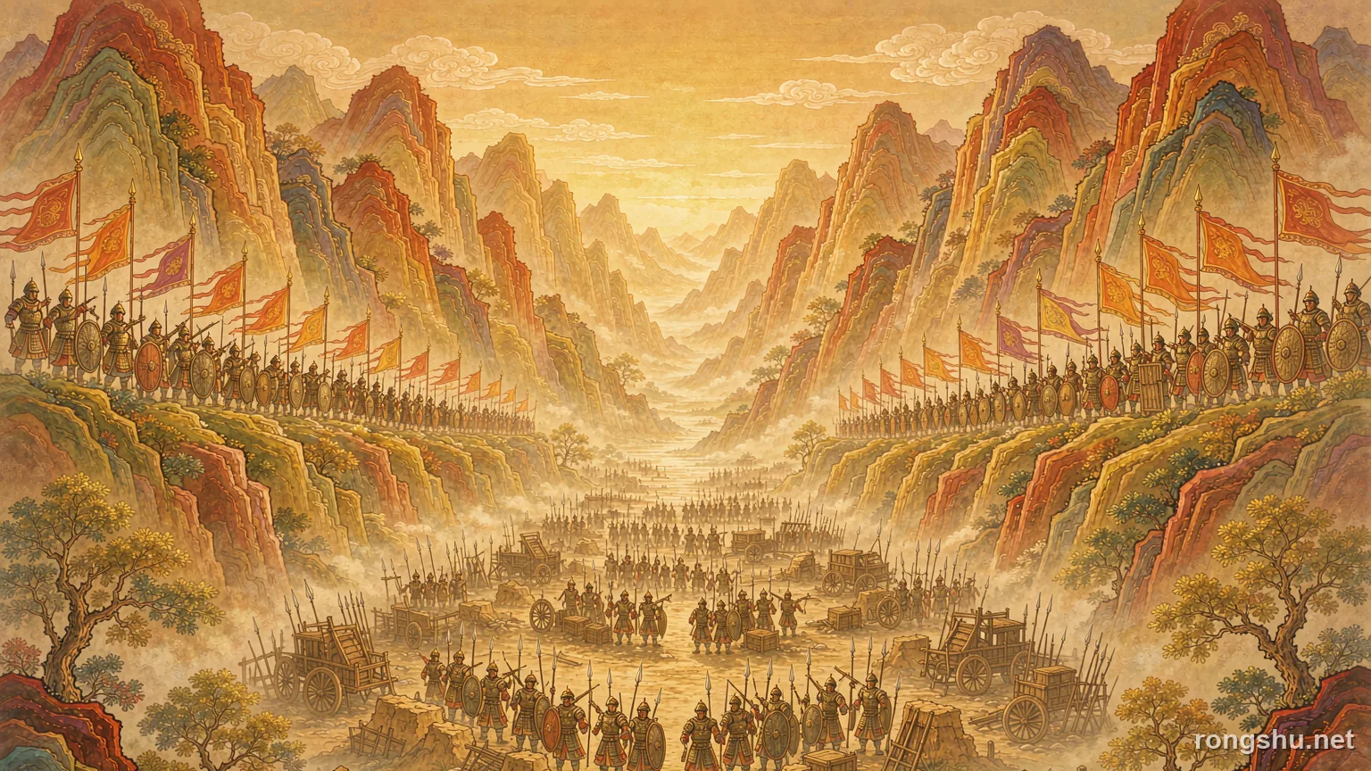A deep valley at dawn with ranks of crossbowmen on both slopes and a besieged army below - Chinese history illustration