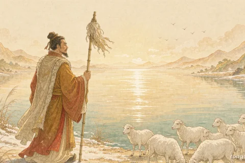 Illustration for a Chinese history story: a lone envoy in an ochre robe and a fur mantle holding a tall bamboo staff topped with a tuft of yak hair, standing on a bright shore before a wide lake at golden hour, white rams grazing nearby and low hills on the far side