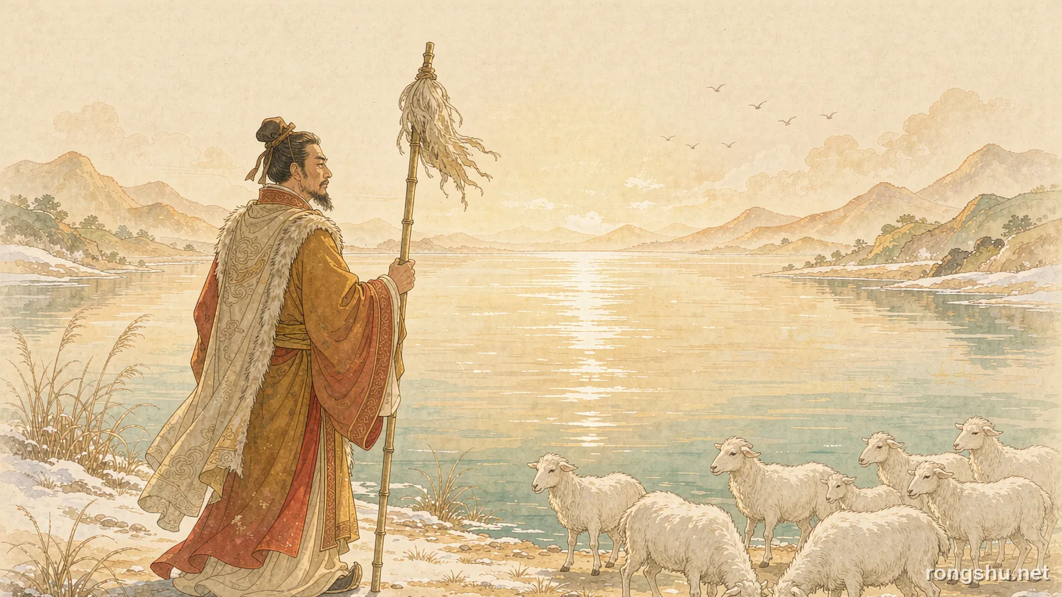 A lone Han envoy with a tall yak-hair staff beside a bright northern lake at golden hour, white rams grazing nearby - Chinese history illustration