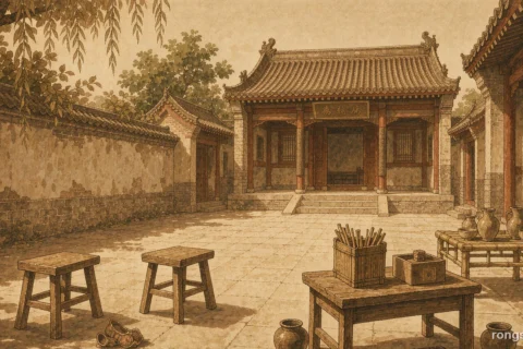Illustration for a Chinese true crime story: a warm sepia provincial office courtyard with two wooden stools placed far apart on a stone floor and a low magistrate desk, no people and no text