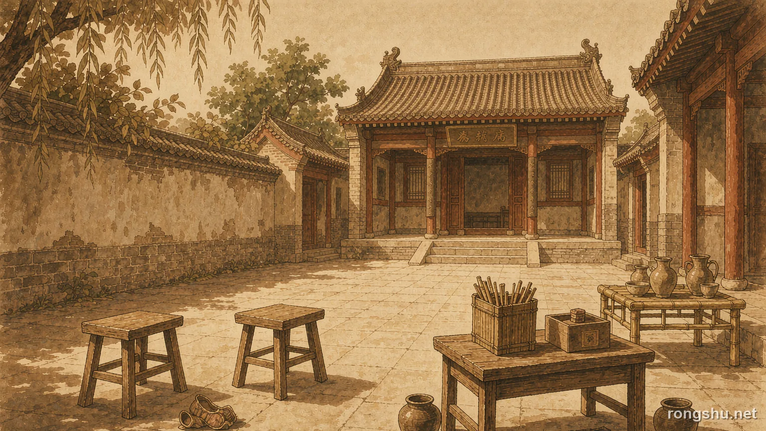 A warm sepia provincial office courtyard with two wooden stools placed far apart on a stone floor - Chinese true crime illustration