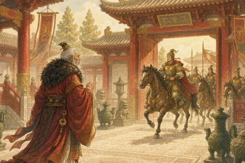 An elderly minister in red ceremonial robes turning away in a sunlit palace courtyard as a young armored lord and his riders depart through a tall wooden gate - illustration for the Chinese idiom da yi mie qin