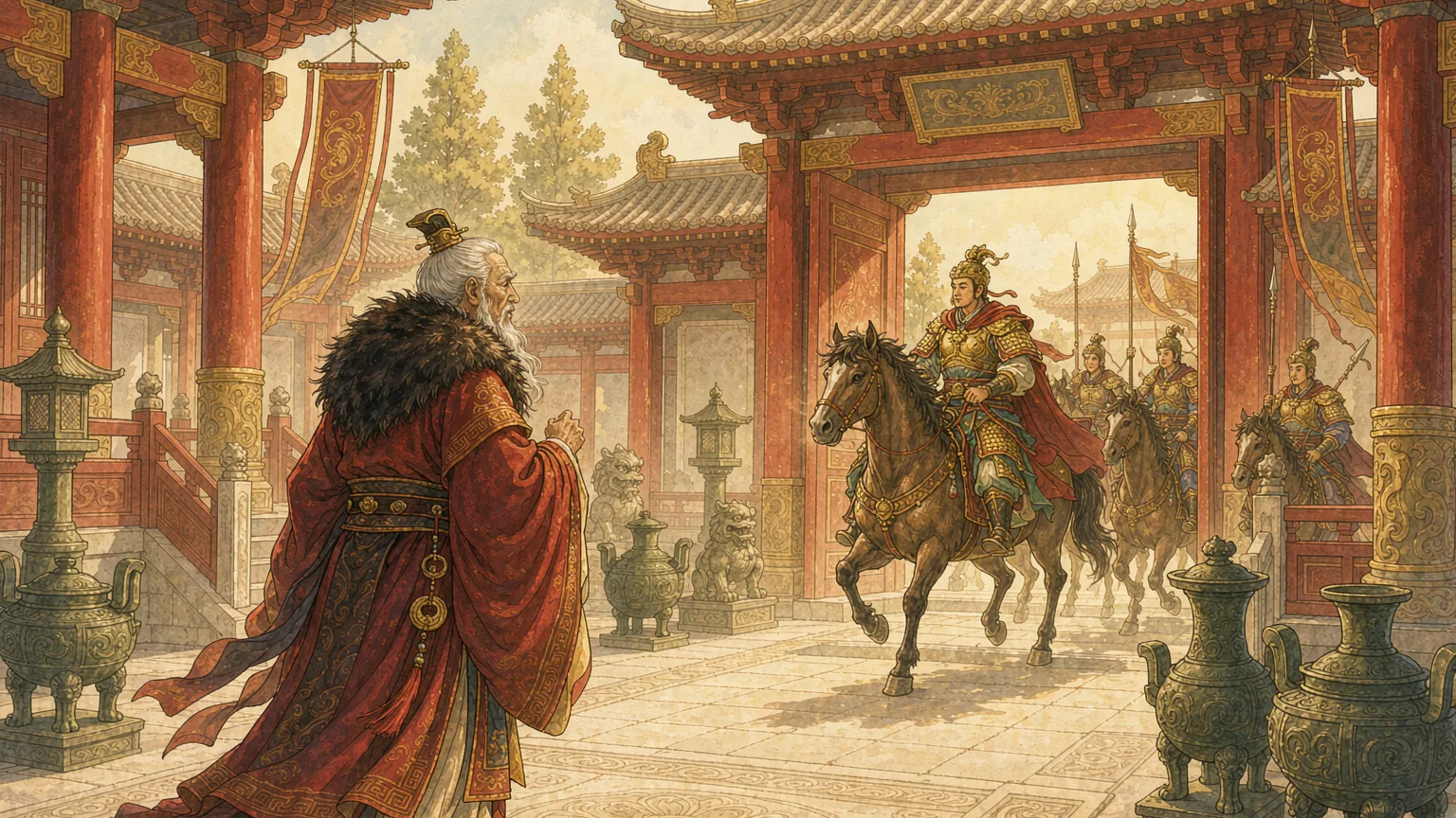 An elderly minister turning away in a sunlit palace courtyard as a young armored lord and his riders depart - Chinese idiom story illustration
