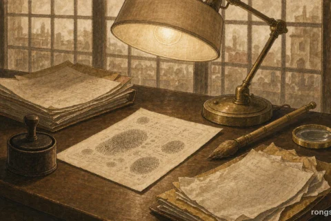Illustration for a Chinese true crime story: a warm sepia police records desk with an open fingerprint card, an ink pad, a thick old case file, a brass magnifier and a lamp, no people and no text