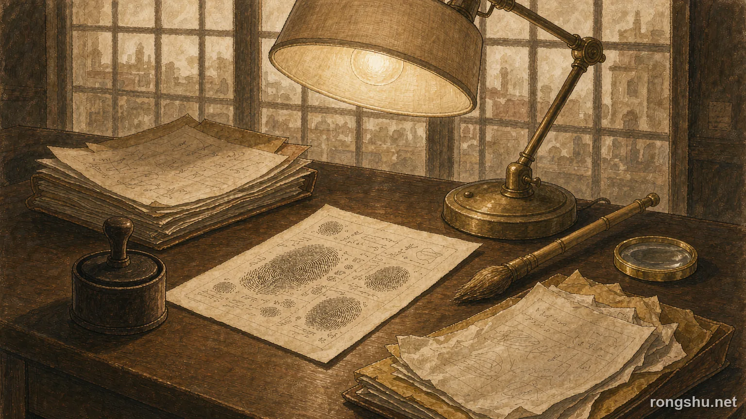 A warm sepia police records desk with a fingerprint card, ink pad and old case file - Chinese true crime illustration