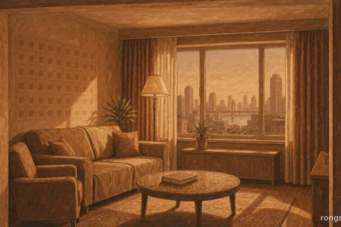 Illustration for a Chinese true crime story: the warm sepia living room of an eighteenth floor flat at dawn, a low sofa, drawn curtains and a closed book on the coffee table, no people and no text