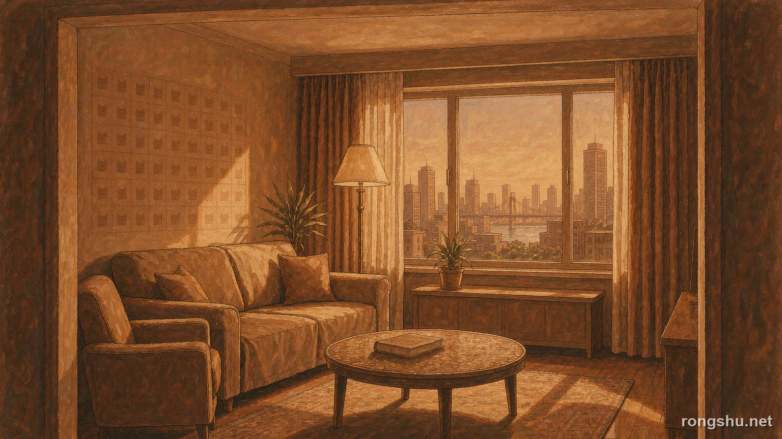A warm sepia living room on the eighteenth floor at dawn with a closed book on the coffee table - Chinese true crime illustration