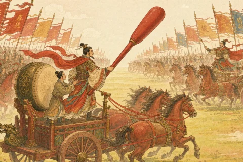 A Spring and Autumn period duke on his war chariot raising a drumstick over a great bronze drum, a plain-robed farmer-advisor steadying him, two armies facing each other across a bright field - illustration for the Chinese idiom yi gu zuo qi
