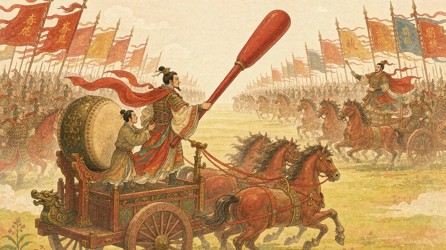 A duke on his war chariot raising a drumstick over a great bronze drum as two armies face each other - Chinese idiom story illustration