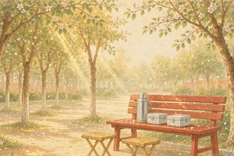 Illustration for a Chinese life story: a quiet city park corner under trees in warm golden light, with a wooden bench, two small folding stools, a thermos flask and two lunch boxes, blossoms falling, no people