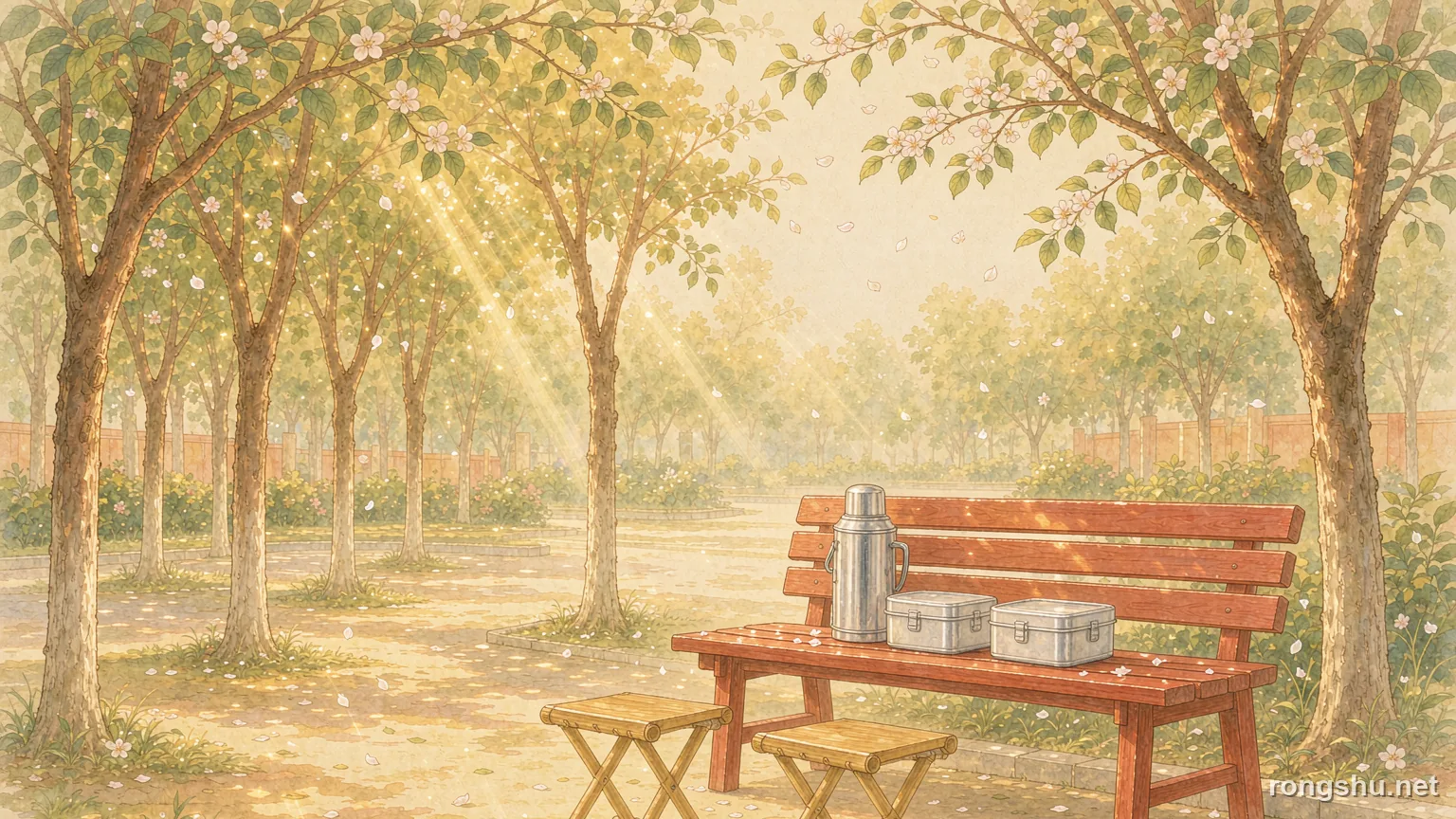 A quiet city park corner under trees with a bench, two folding stools and two lunch boxes - Chinese life story illustration