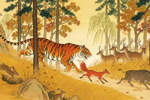 A small red fox with its tail held high walking ahead of a huge striped tiger through a bright autumn forest while deer, boar and rabbits flee - illustration for the Chinese idiom hu jia hu wei