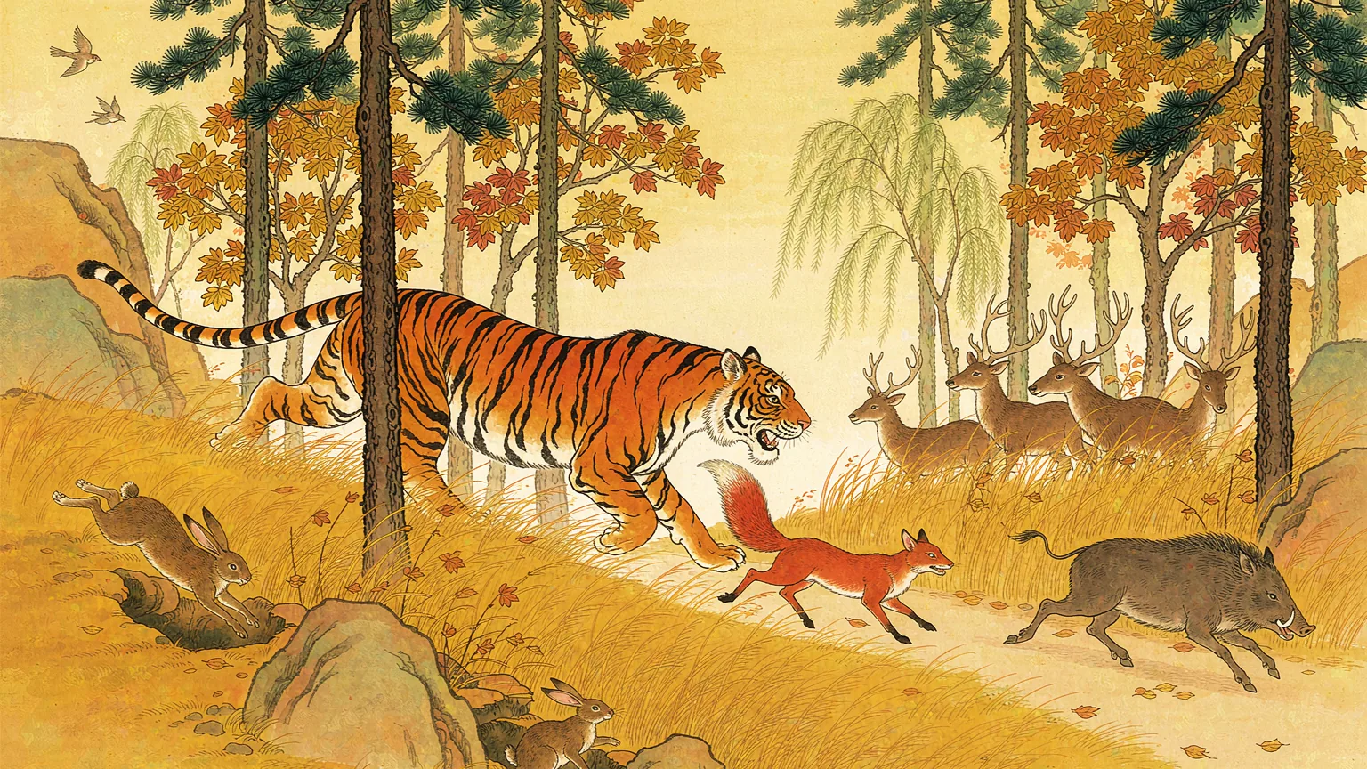 A small red fox walking ahead of a huge tiger through a bright autumn forest while the animals flee - Chinese idiom story illustration
