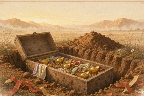 Illustration for a Chinese true crime story: an opened wooden coffin in a shallow grave filled with gold ornaments, jade and silk beside a grave mound, the Beimang hills warm in the morning light, with no people