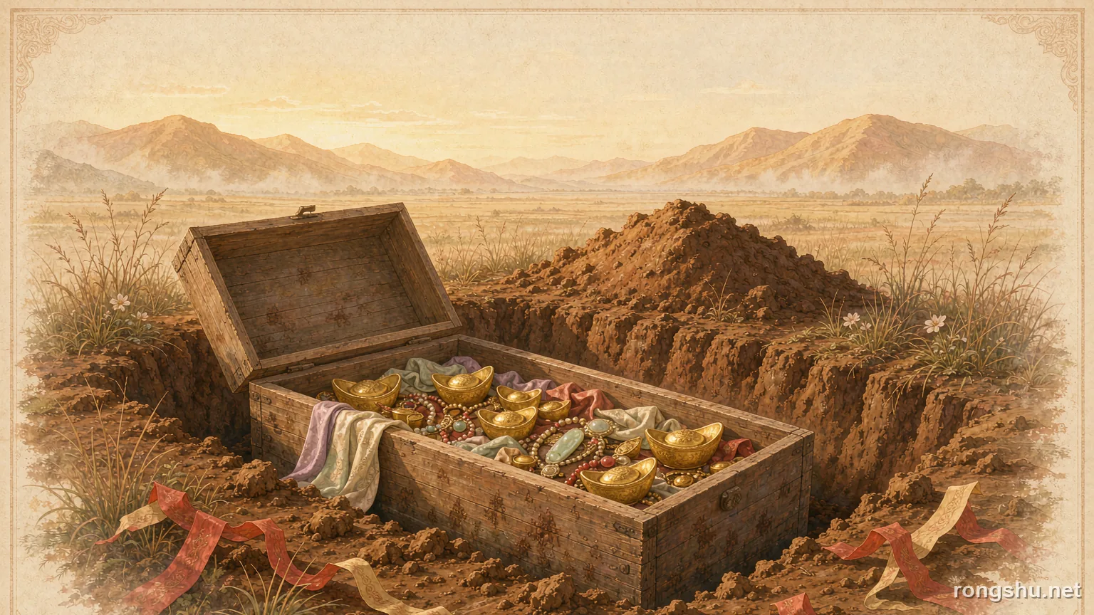 An opened wooden coffin in a shallow grave filled with gold ornaments and jade beside a grave mound - Chinese true crime illustration