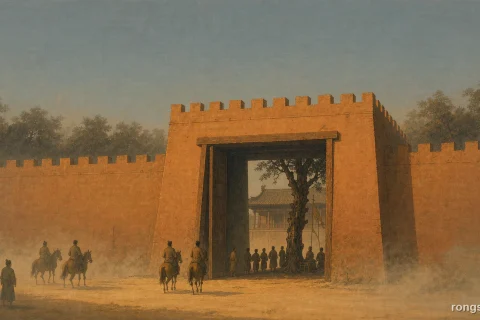 Illustration for a Chinese history story: a massive timber gate standing ajar in a long palace wall at first light, small figures waiting in the shadow of a tall tree just inside, riders approaching on a dusty road, mist over the ground