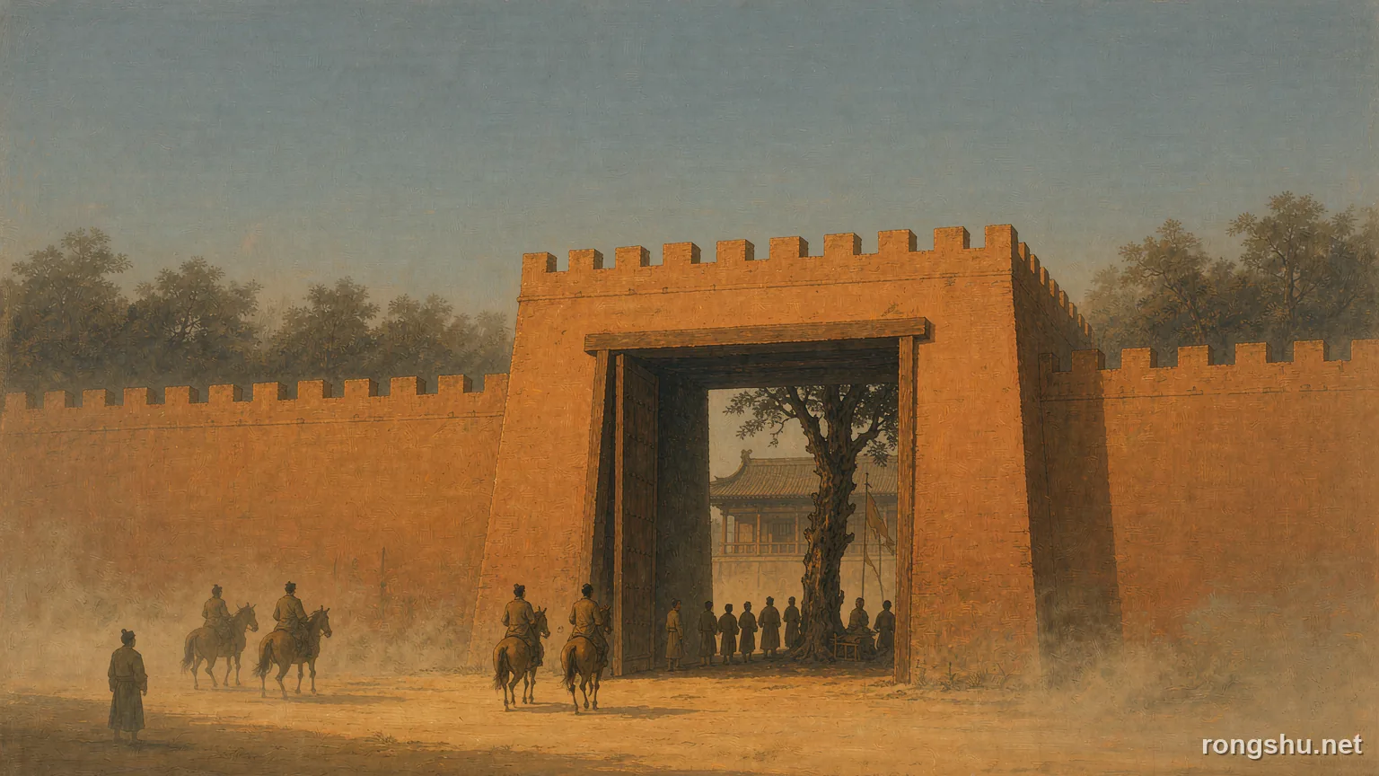 A palace gate standing ajar at first light with men waiting inside - Chinese history illustration
