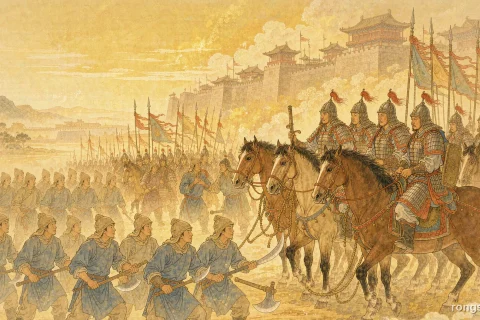 Illustration for a Chinese history story: ranks of Song infantry on foot in blue-grey tunics holding broad blades and heavy axes in the foreground, facing linked ranks of armored Jurchen heavy cavalry with tall tasselled helmets before the walls of a walled town, all under a warm golden afternoon light