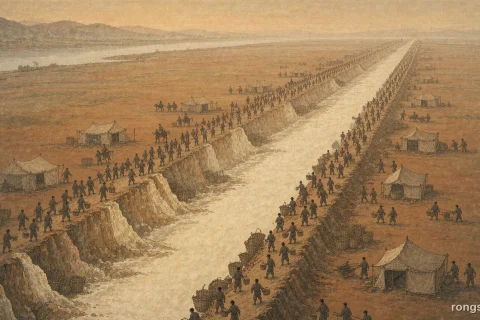 Illustration for a Chinese history story: an enormous canal trench cut across a flat plain, its banks lined with hundreds of tiny labourers carrying baskets of earth and stacked tents, a river and hills on the horizon