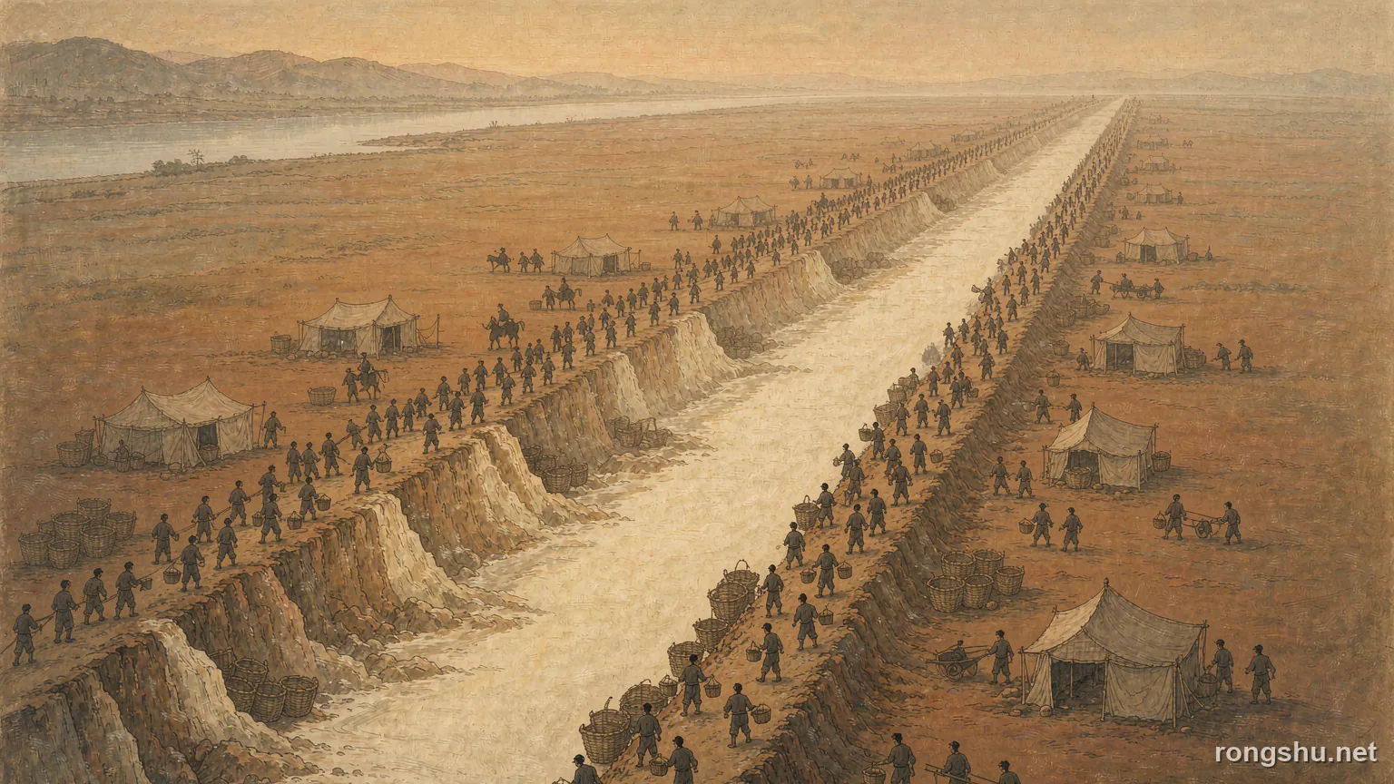 A vast canal excavation with lines of workers on both banks - Chinese history illustration