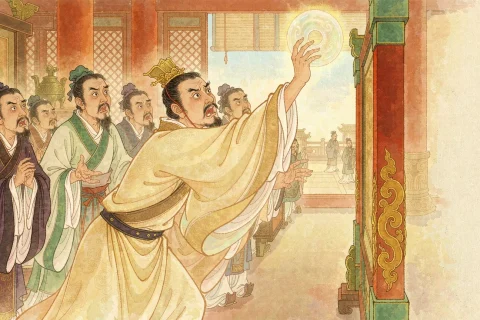 An ancient Chinese statesman in a bright court hall raising a luminous jade disc high beside a red pillar, courtiers recoiling around him - illustration for the Chinese idiom wan bi gui zhao