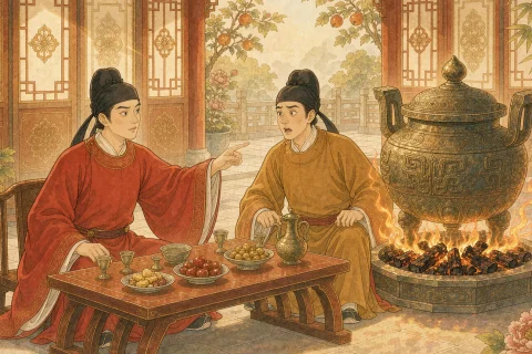 Two Tang dynasty officials at a low banquet table beside a large jar ringed with glowing charcoal, one gesturing calmly toward it - illustration for the Chinese idiom qing jun ru weng