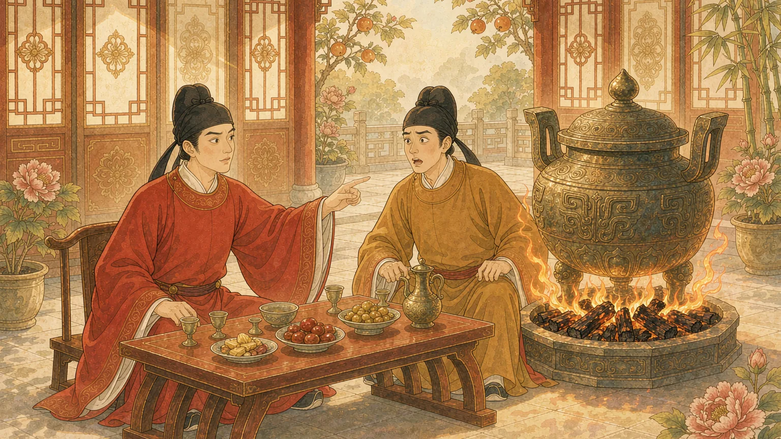 Two Tang dynasty officials at a banquet table beside a large jar ringed with glowing charcoal - Chinese idiom story illustration