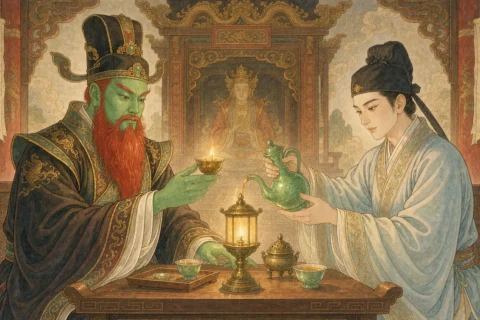 A green-faced red-bearded underworld judge in dark robes raising a wine cup across a table from a young Chinese scholar who pours from a jade green wine pot, under a warm oil lamp in a lamplit study - illustration for the Chinese ghost story The Judge Who Swapped a Heart