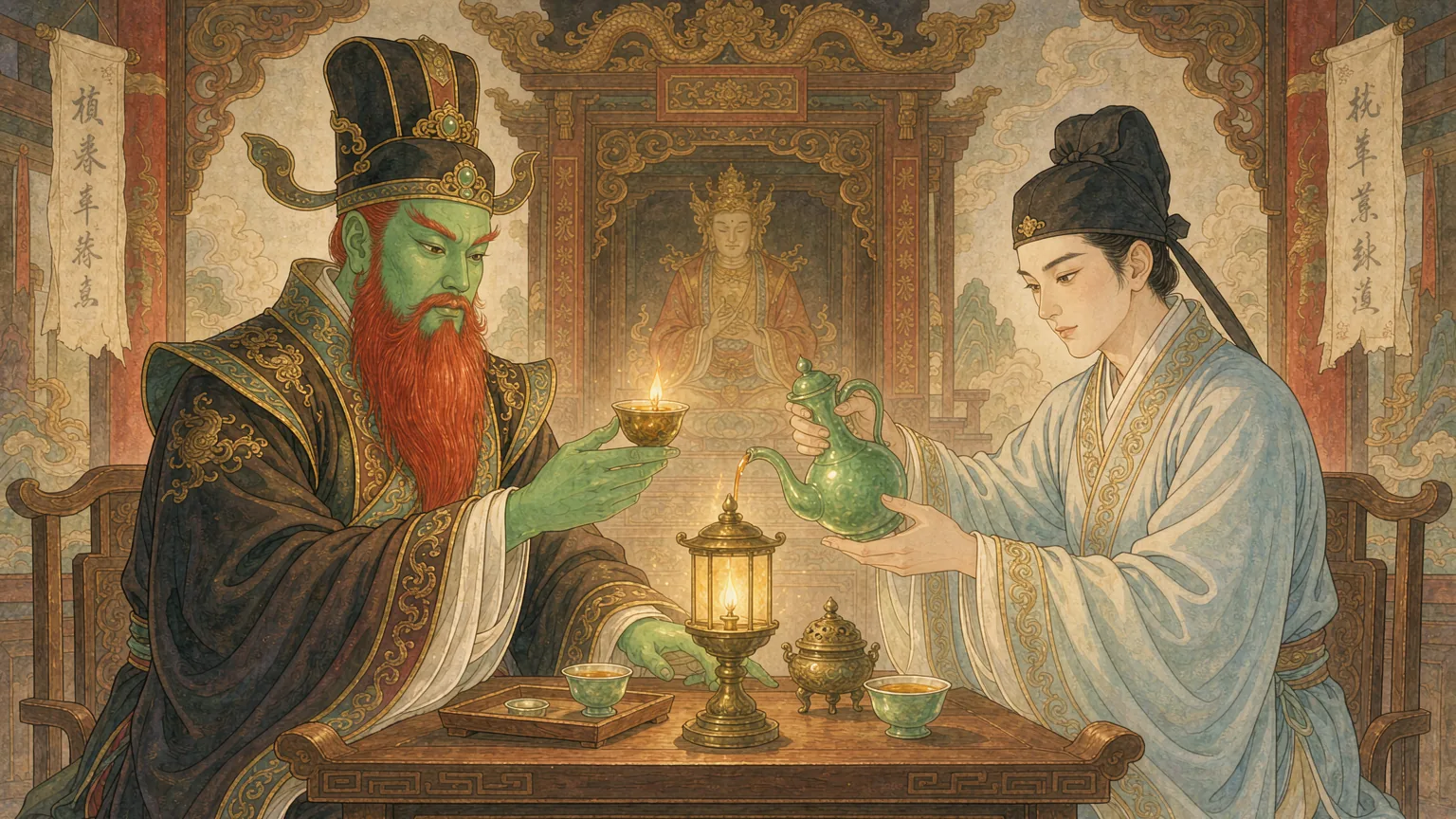 An underworld judge with a green face and red beard raises a wine cup across a table from a young scholar who pours from a jade-green pot under a warm lamp - Chinese ghost story illustration