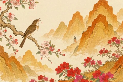 A small brown cuckoo perched on a flowering branch with a red drop falling from its beak, red azalea blossoms covering the slopes, and a tiny robed figure walking up a mountain path into warm golden mist - illustration for the Chinese myth of Wangdi, the king of Shu who became the cuckoo
