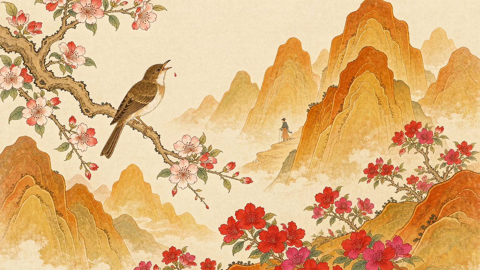 The cuckoo calling on a flowering branch above red azaleas - Chinese mythology illustration