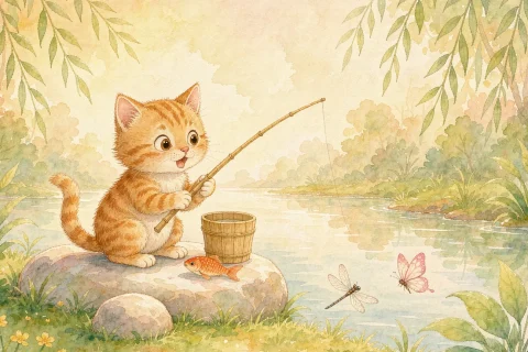 A small orange tabby kitten sitting very still on a flat warm stone beside a quiet river, holding a bamboo fishing rod with a bucket and one bright fish beside him, a dragonfly and a butterfly hovering over the water in warm evening light - Chinese bedtime story illustration