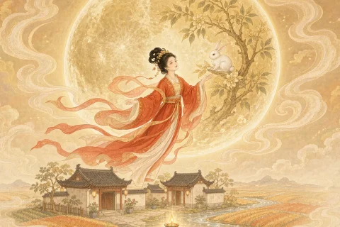 A woman in flowing vermilion robes rising above a small courtyard house toward a huge luminous golden moon, with warm cloud ribbons and a rabbit on the moon - illustration for the Chinese myth of Chang E