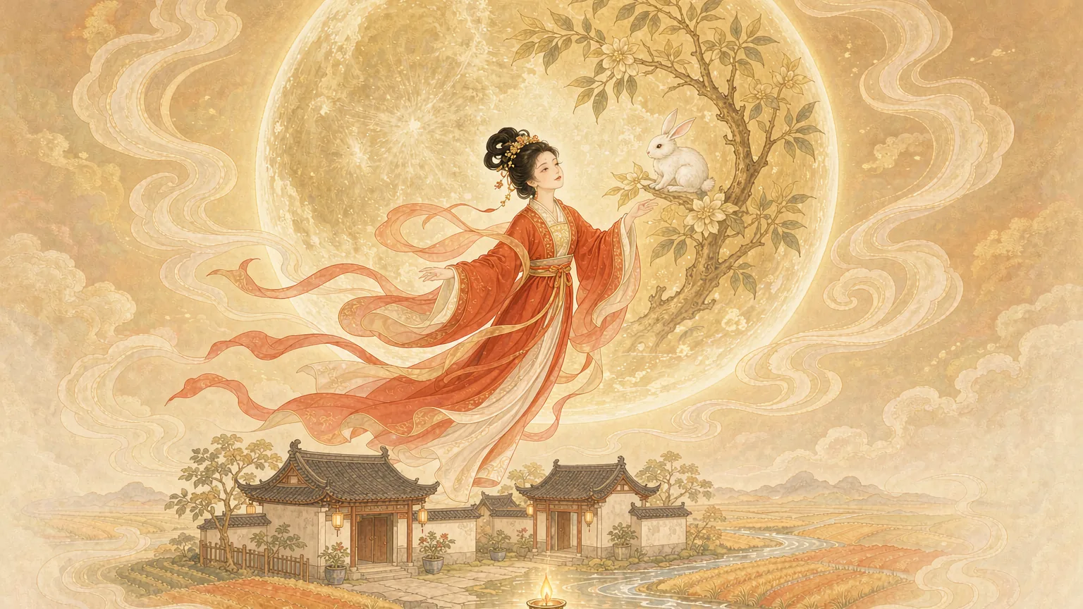 A woman in flowing vermilion robes rising toward a huge luminous golden moon - Chinese mythology illustration