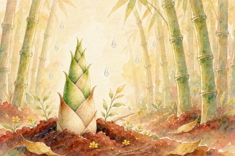 A small fresh green bamboo shoot pushing up out of soft brown soil in a bamboo grove, with dark green shoots and tall green bamboo stalks behind, gentle raindrops falling and small yellow flowers on the ground, in warm morning light - Chinese bedtime story illustration