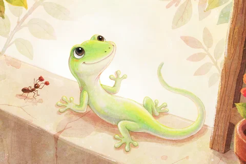 A small pale green gecko with a long thin tail resting on a sunny old garden wall beside a wooden door, a little ant walking past with a crumb and red flowers in a pot, in warm afternoon light - Chinese bedtime story illustration
