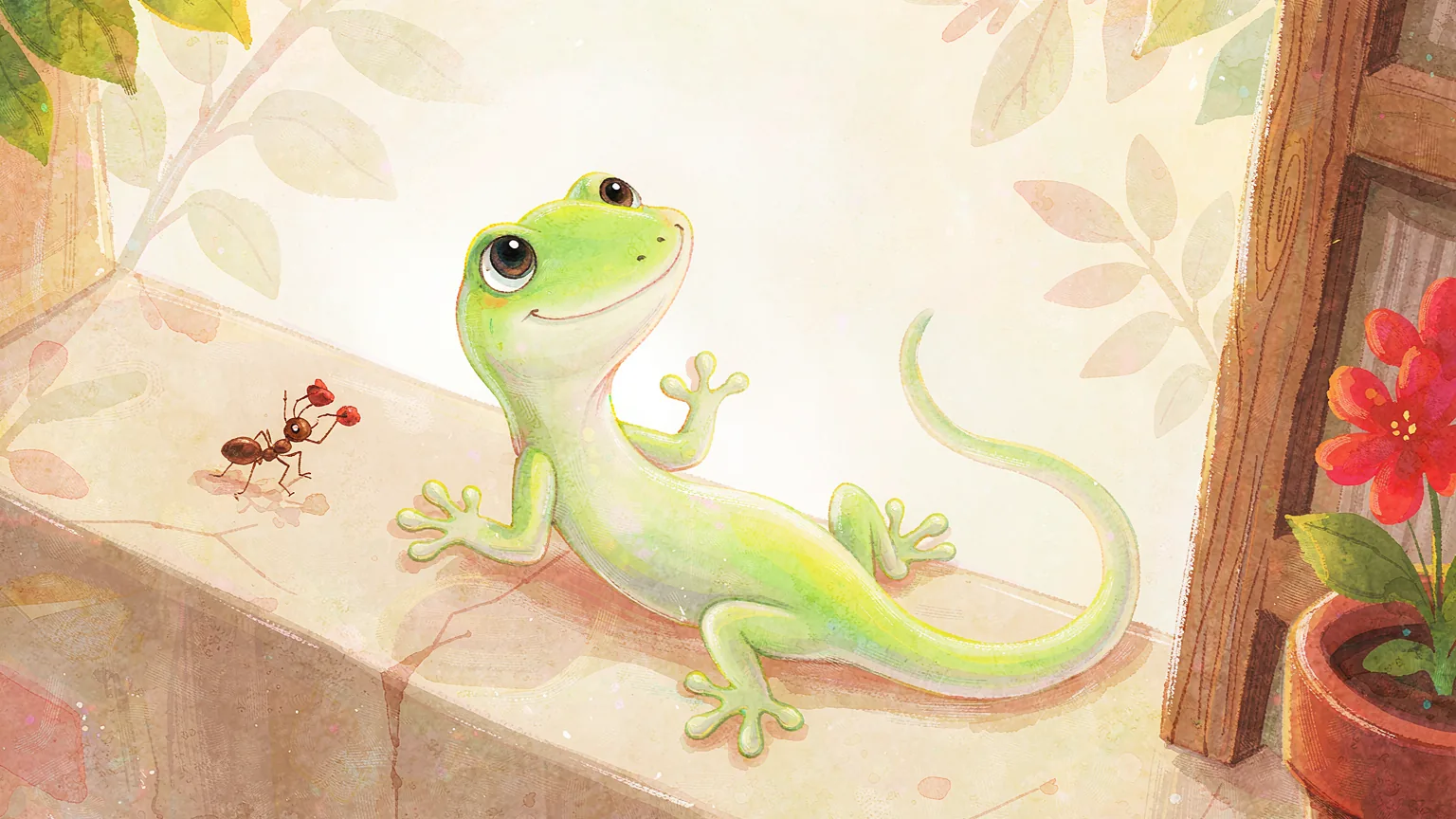 A small pale green gecko with a long thin tail resting on a sunny old garden wall beside a wooden door, a little ant walking past with a crumb and red flowers in a pot, in warm afternoon light - Chinese bedtime story illustration
