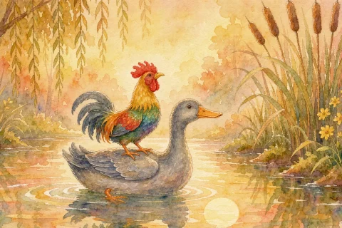 A little grey duck swimming across a warm quiet river with a small bright rooster on its back, a golden moon reflected on the water - Chinese bedtime story illustration
