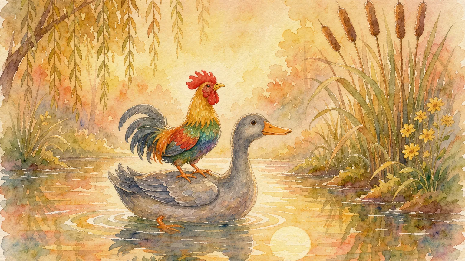 A little duck carrying a rooster on its back across a warm river at dusk, with the moon in the water - Chinese bedtime story illustration