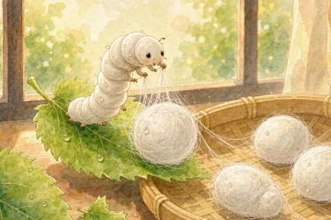 A small plump white silkworm on a fresh green mulberry leaf spinning a shining white silk thread into a round cocoon, with more white cocoons in a shallow bamboo tray in warm daylight - Chinese bedtime story illustration