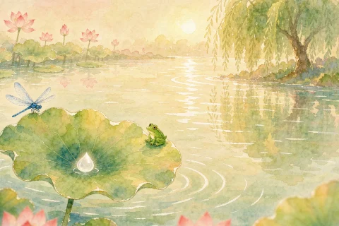 A big round green lotus leaf floating on a calm summer pond with a shining water drop in the middle, a small green frog and a blue dragonfly resting on it, pink lotus flowers and a willow at the edge, in warm golden light - Chinese bedtime story illustration