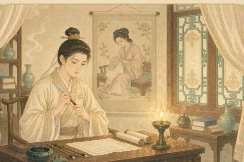 A young Chinese scholar in a pale robe sits at a writing desk holding a small knife near his chest, under a warm oil lamp, with an embroidered panel of a tired embroiderer on the wall behind him - illustration for the Chinese ghost story The Man Who Cut a Piece from His Heart