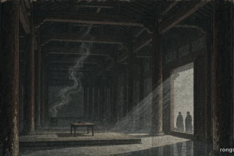 Illustration for a Chinese history story: the dim interior of a Ming audience hall with rows of red lacquer columns, a writing table pushed aside, a single brush on the stone floor, and small silhouetted figures in mourning robes at the far doorway
