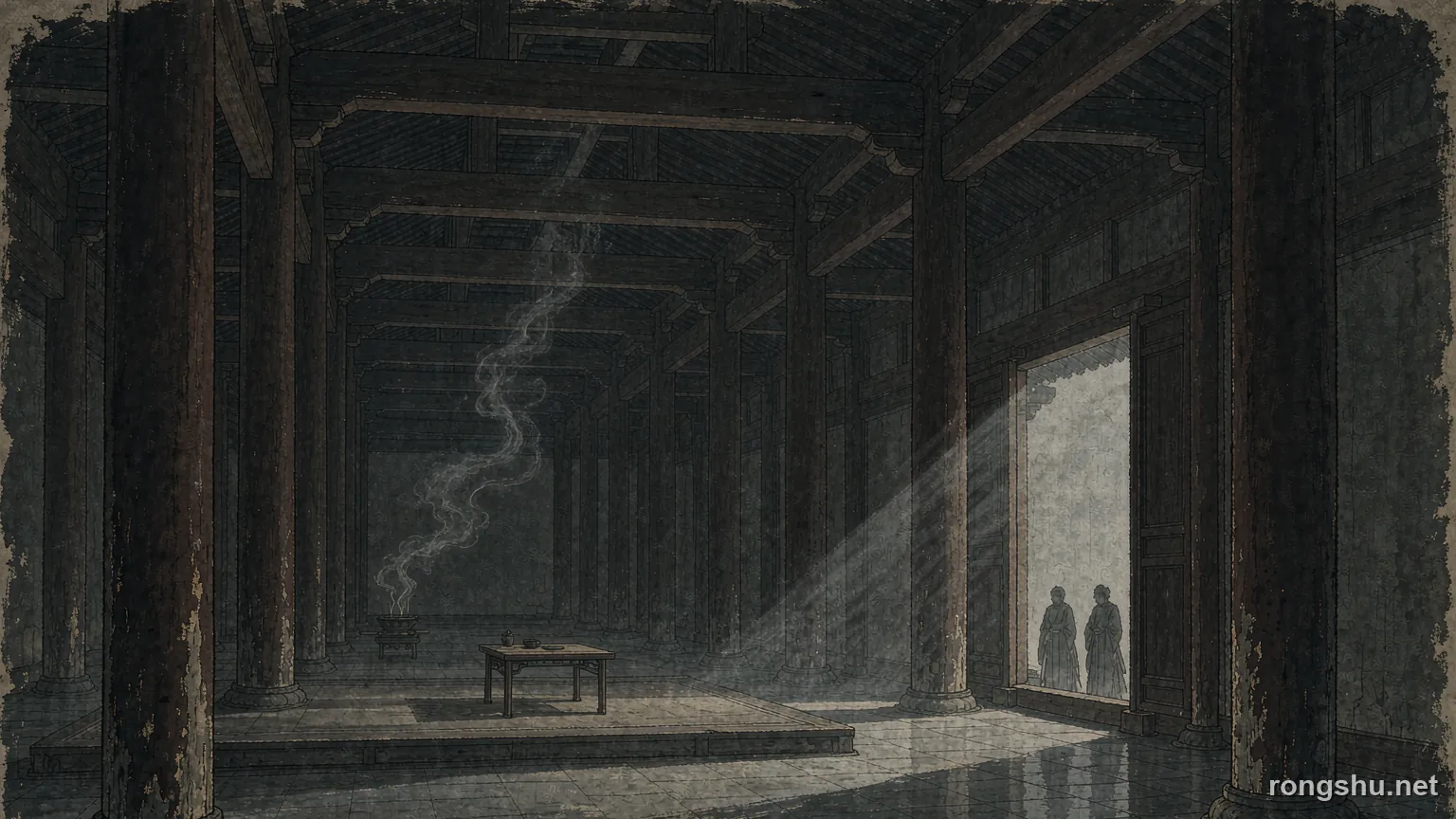 A dim Ming audience hall with a brush left on the stone floor - Chinese history illustration