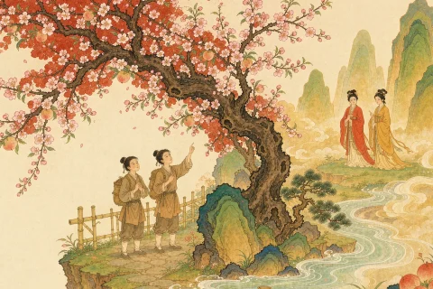 Two young men in simple robes stand on a mountain path looking up at a huge peach tree in blossom growing out of a cliff, pink and white flowers filling the branches, a clear stream flowing below with a small cup on the water, and two elegant women in vermilion and ochre robes waiting in the warm misty distance - illustration for the Chinese myth of Liu Chen and Ruan Zhao