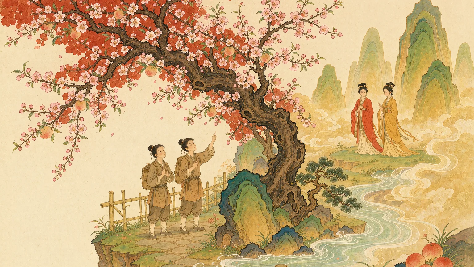 Two travelers beneath a blossoming peach tree above a mountain stream - Chinese mythology illustration